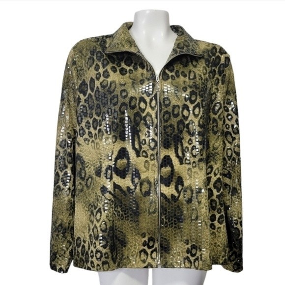 Exclusively Misook green leopard light jacket Size XL animal Print blazer - Picture 1 of 6